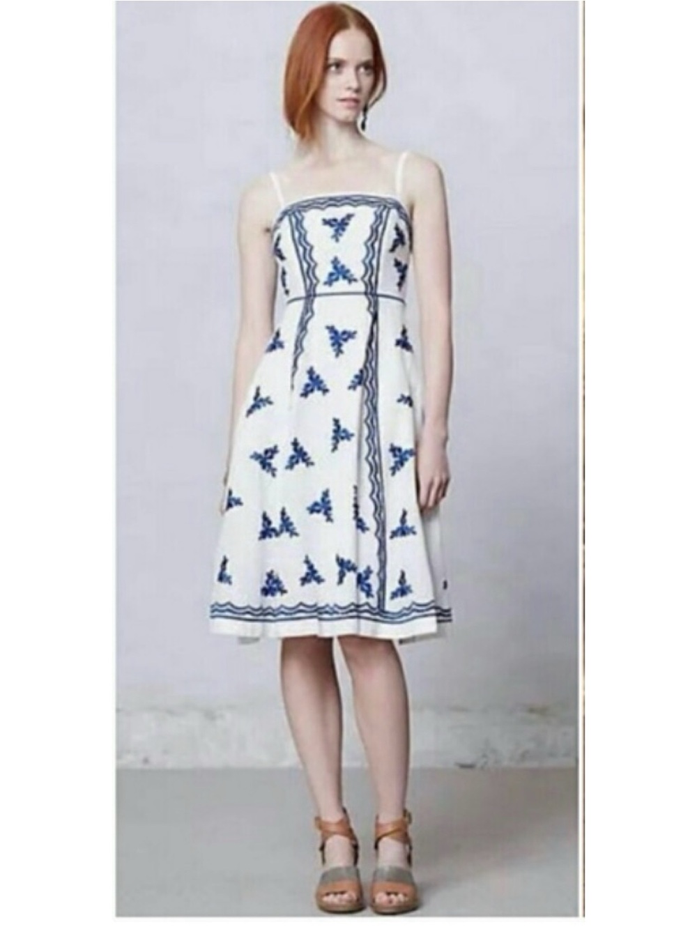 Anthropologie Moulinette  Soeurs White, Navy Embroidered  Linen Sundress Size 0